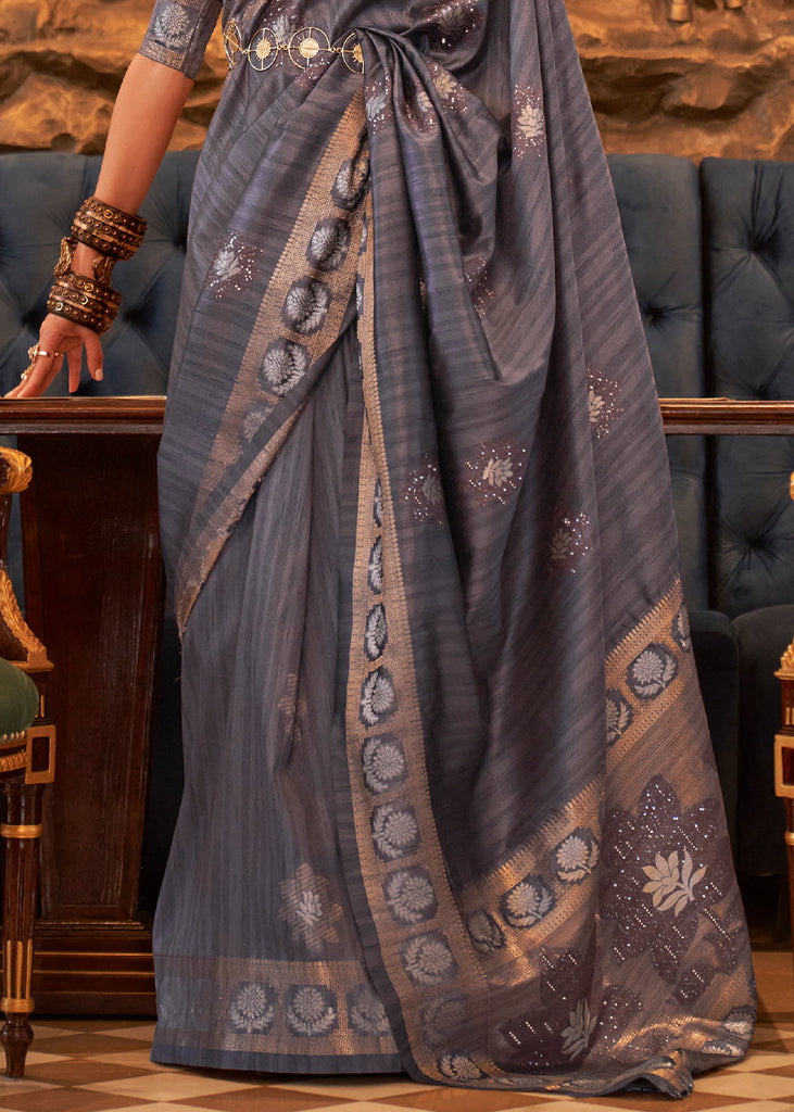 Dark Grey Woven Tussar Silk Saree with Sequins Work Clothsvilla