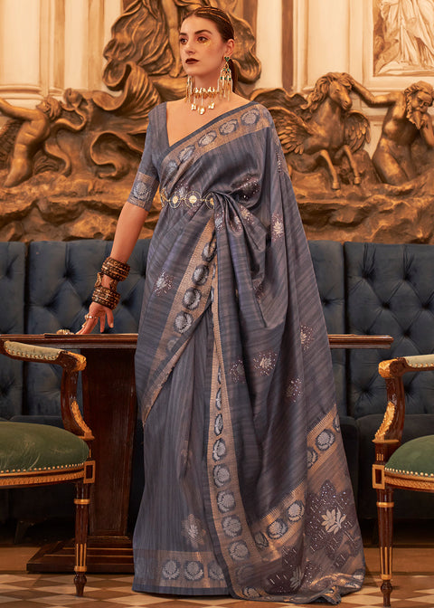 Dark Grey Woven Tussar Silk Saree with Sequins Work Clothsvilla Main image