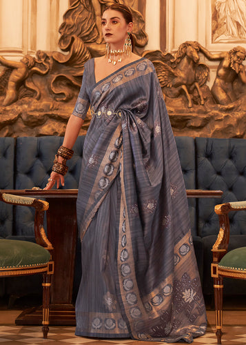 Dark Grey Woven Tussar Silk Saree with Sequins Work Clothsvilla