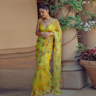 Organza Silk Saree with Digital Print and Handcrafted Khatli and Pearl Work Blouse for Wedding and Party ClothsVilla
