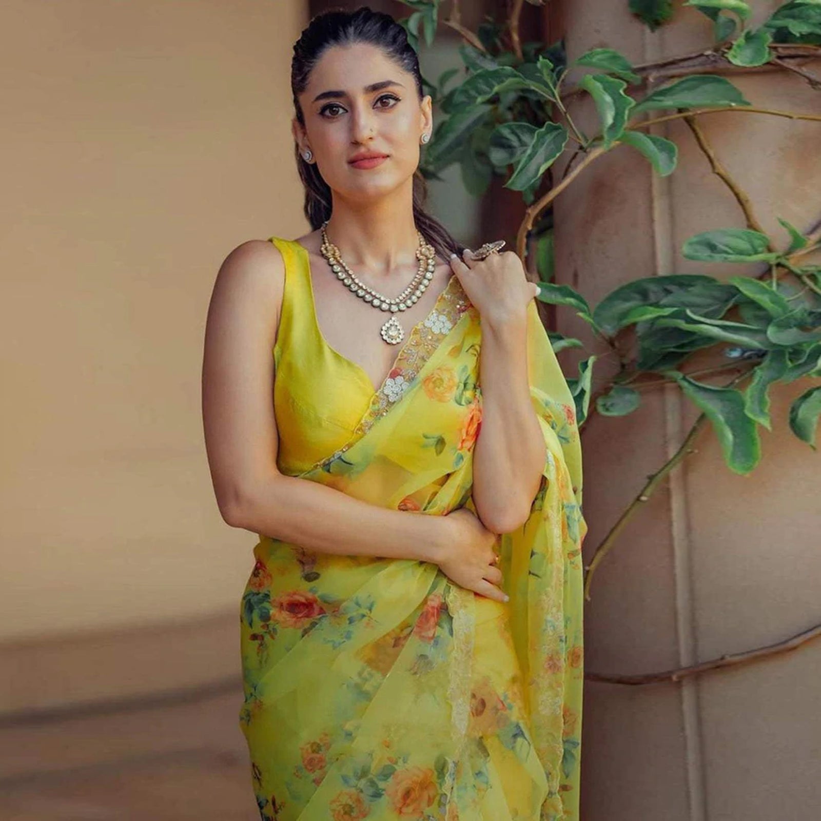 Organza Silk Saree with Digital Print and Handcrafted Khatli and Pearl Work Blouse for Wedding and Party ClothsVilla