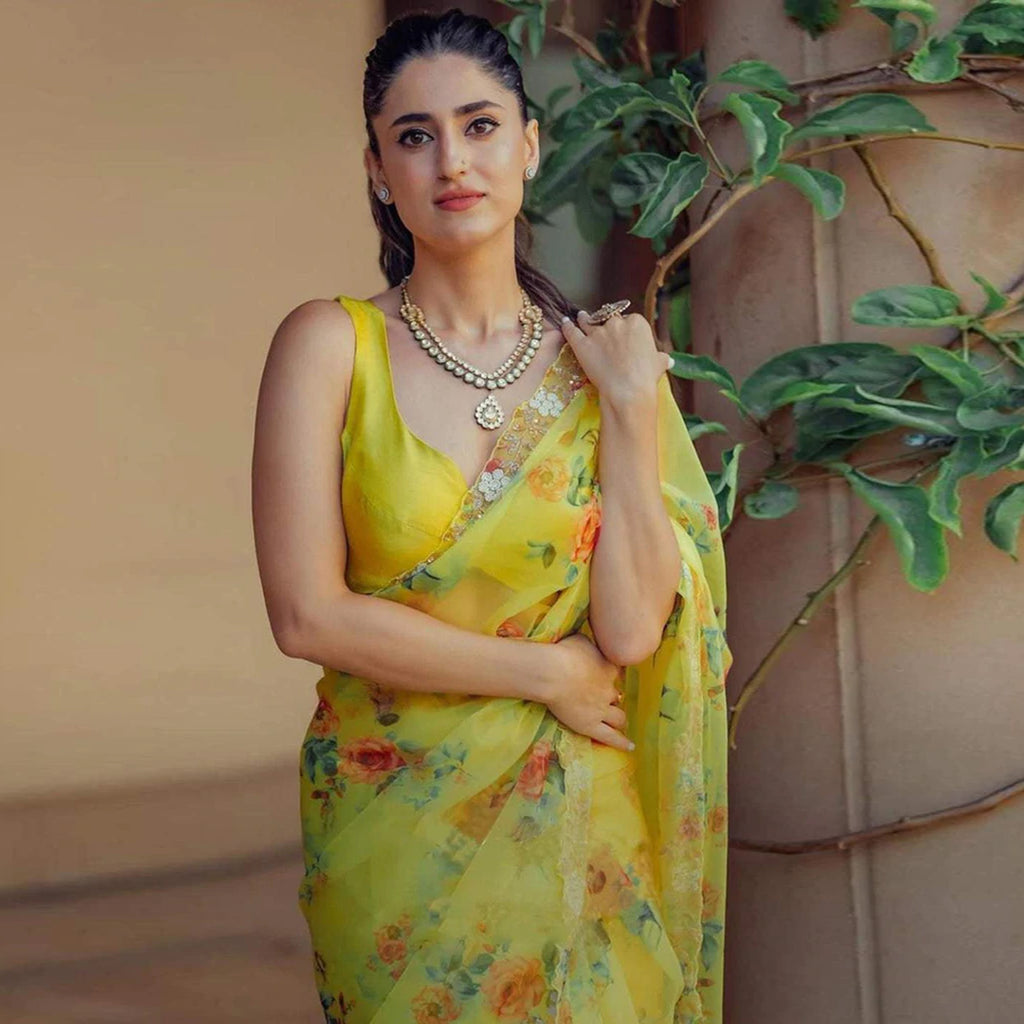 Organza Silk Saree with Digital Print and Handcrafted Khatli and Pearl Work Blouse for Wedding and Party ClothsVilla