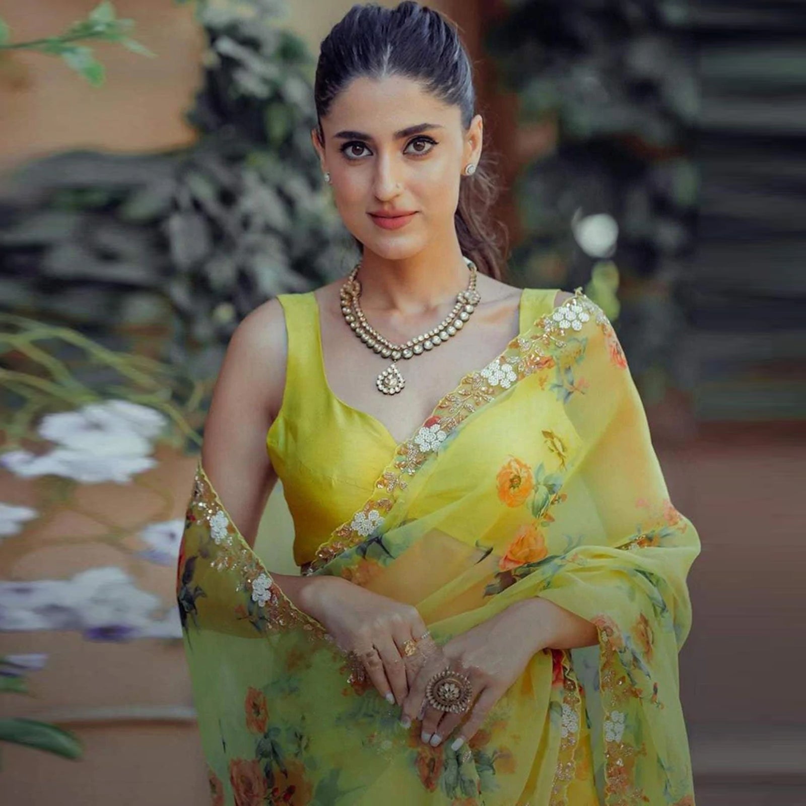 Organza Silk Saree with Digital Print and Handcrafted Khatli and Pearl Work Blouse for Wedding and Party ClothsVilla