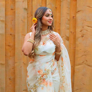Organza Silk Saree with Digital Print and Handcrafted Khatli and Pearl Work Blouse for Wedding and Party ClothsVilla