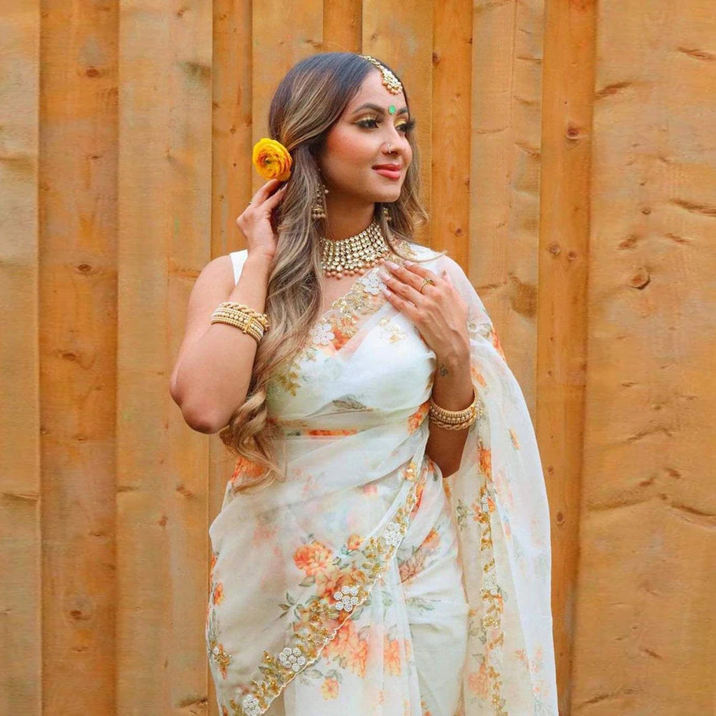 Organza Silk Saree with Digital Print and Handcrafted Khatli and Pearl Work Blouse for Wedding and Party ClothsVilla