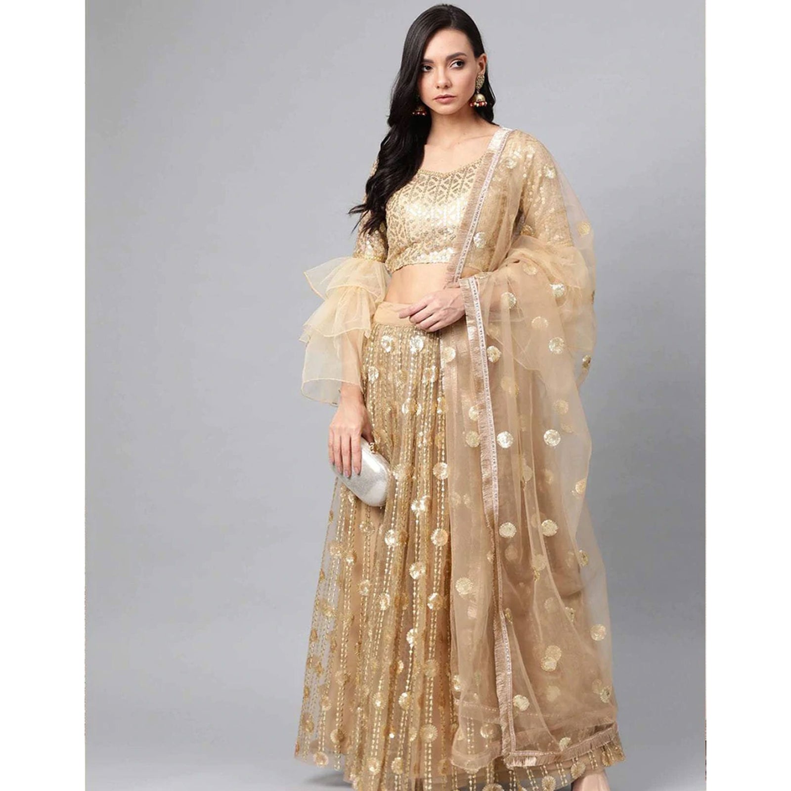 Gold color Net Lehenga with Heavy Embroidery work ClothsVilla