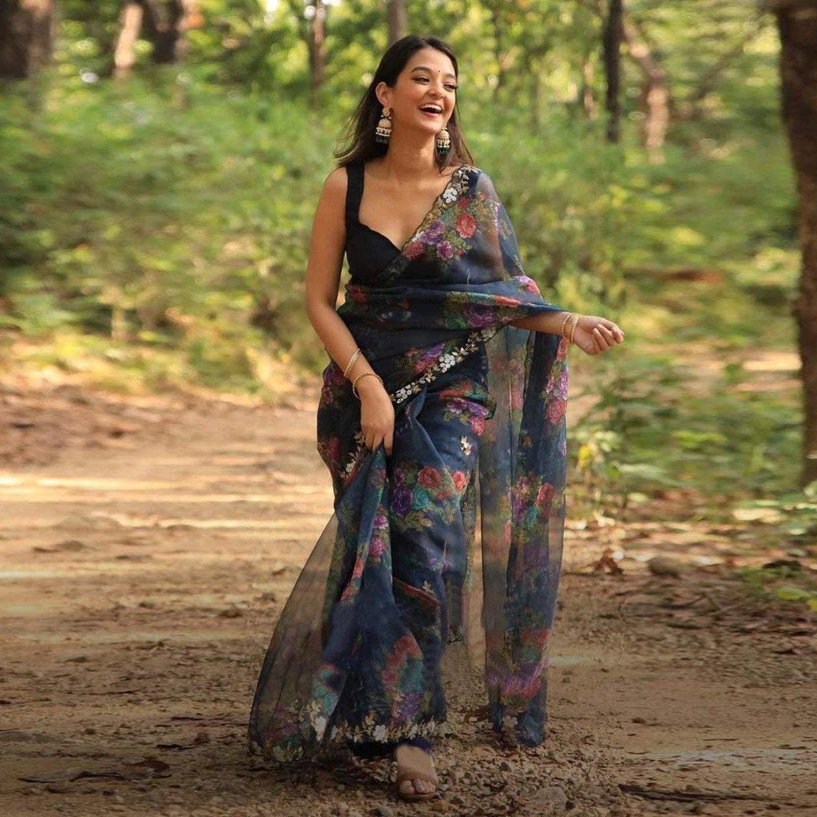 Organza Silk Saree with Digital Print and Handcrafted Khatli and Pearl Work Blouse for Wedding and Party ClothsVilla