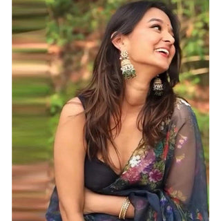 Organza Silk Saree with Digital Print and Handcrafted Khatli and Pearl Work Blouse for Wedding and Party ClothsVilla
