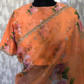 Organza Silk Saree with Floral Print and Handcrafted Zardosi Work Bamboo Silk Blouse Material ClothsVilla