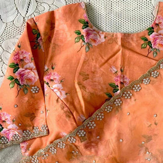 Organza Silk Saree with Floral Print and Handcrafted Zardosi Work Bamboo Silk Blouse Material ClothsVilla