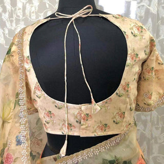 Organza Silk Saree with Floral Print and Handcrafted Zardosi Work Bamboo Silk Blouse Material ClothsVilla