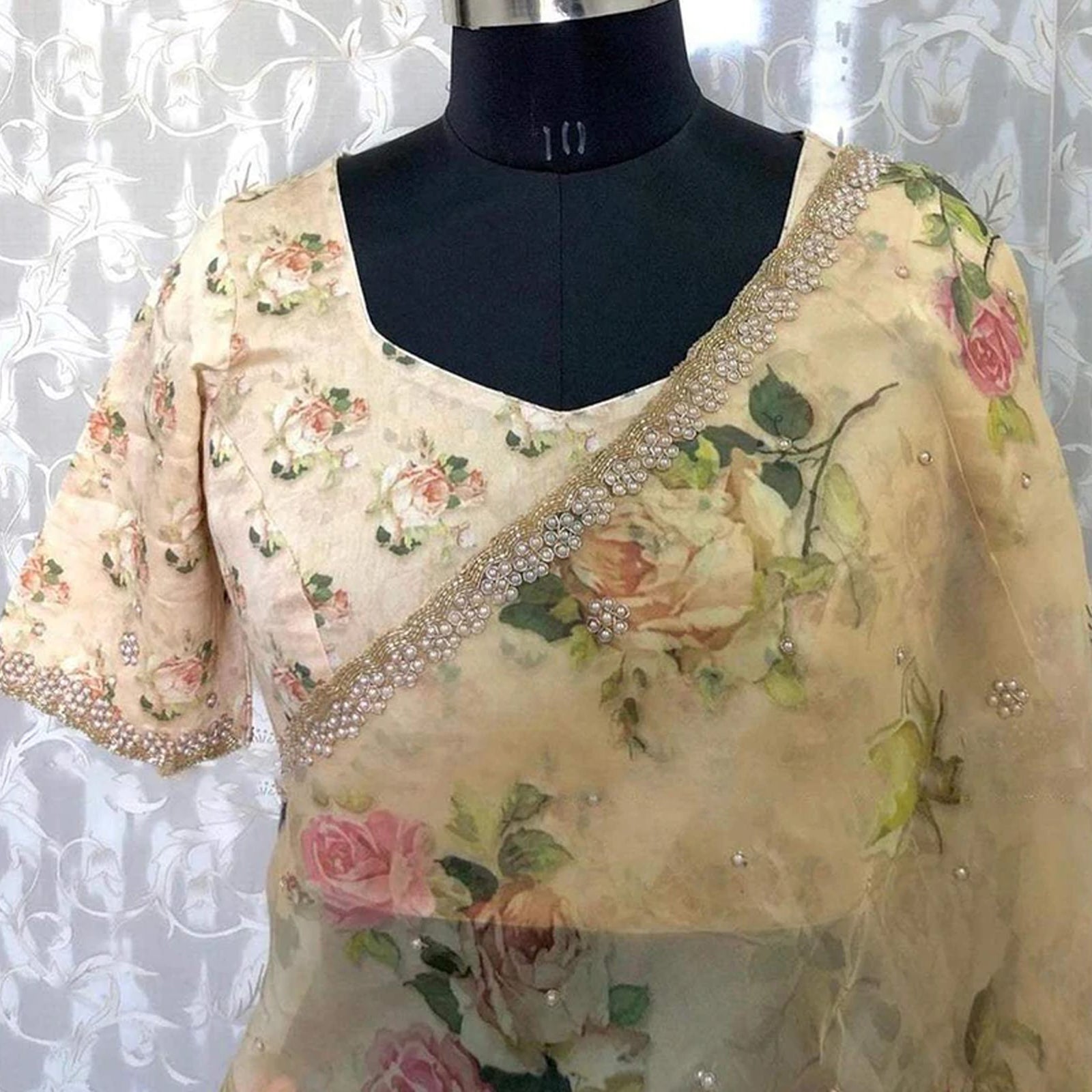 Organza Silk Saree with Floral Print and Handcrafted Zardosi Work Bamboo Silk Blouse Material ClothsVilla