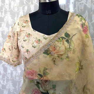 Organza Silk Saree with Floral Print and Handcrafted Zardosi Work Bamboo Silk Blouse Material ClothsVilla
