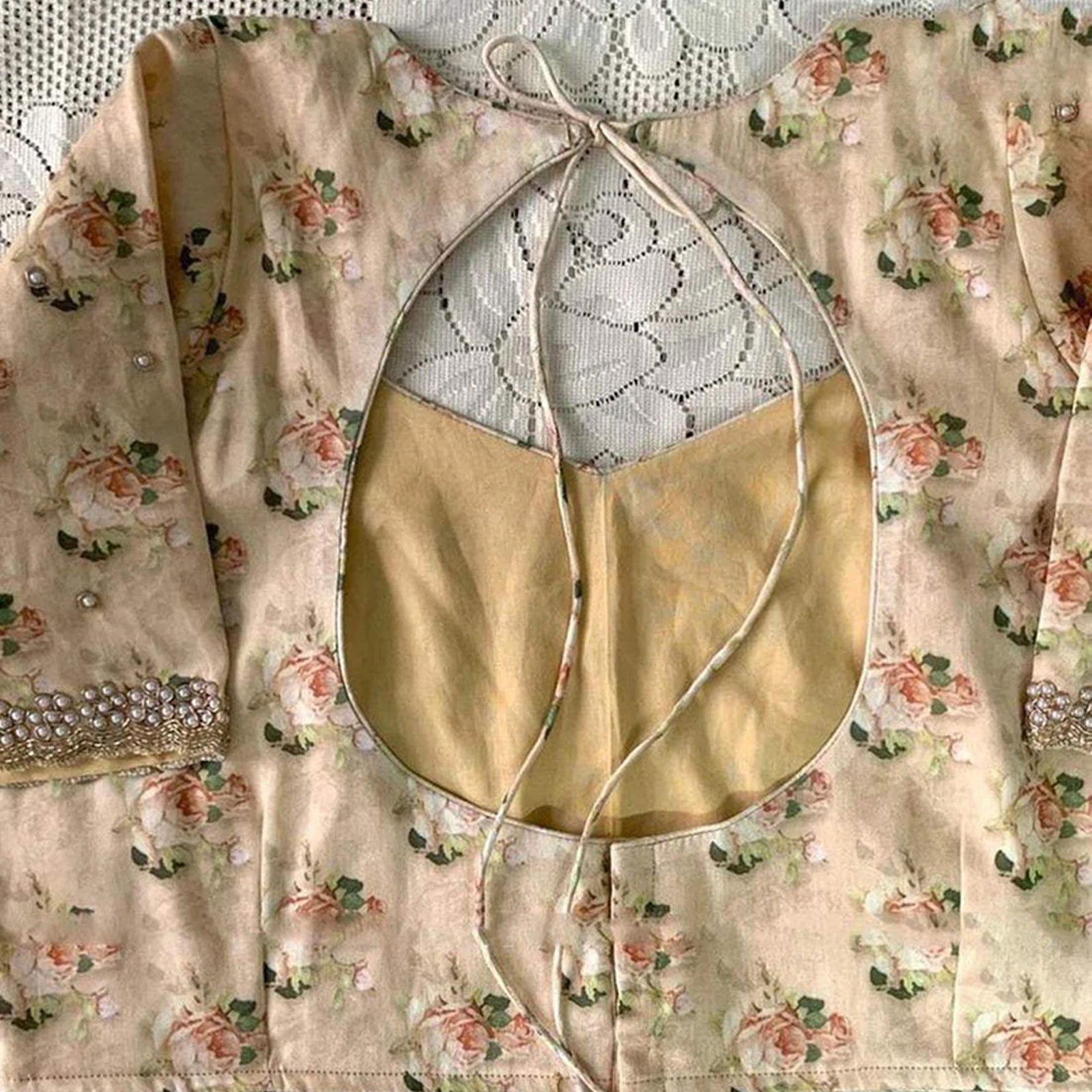 Organza Silk Saree with Floral Print and Handcrafted Zardosi Work Bamboo Silk Blouse Material ClothsVilla