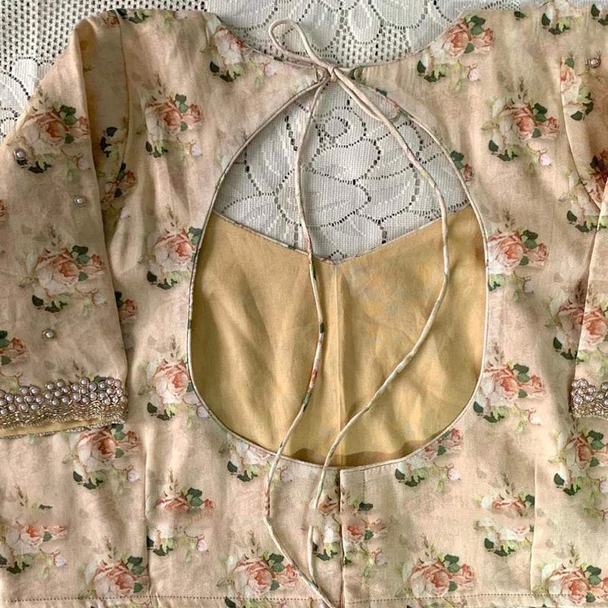 Organza Silk Saree with Floral Print and Handcrafted Zardosi Work Bamboo Silk Blouse Material ClothsVilla