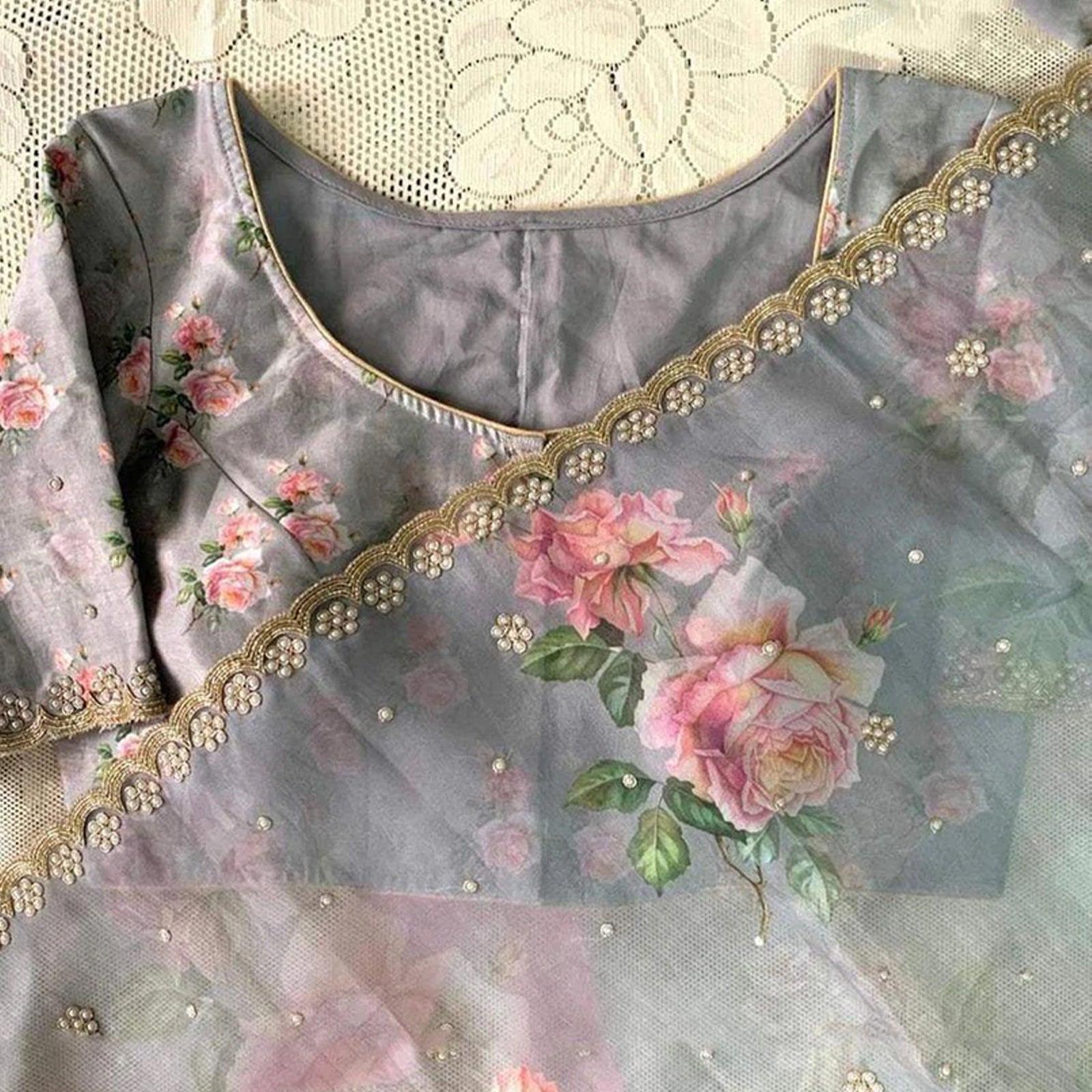 Organza Silk Saree with Floral Print and Handcrafted Zardosi Work Bamboo Silk Blouse Material ClothsVilla