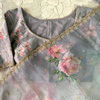 Organza Silk Saree with Floral Print and Handcrafted Zardosi Work Bamboo Silk Blouse Material ClothsVilla