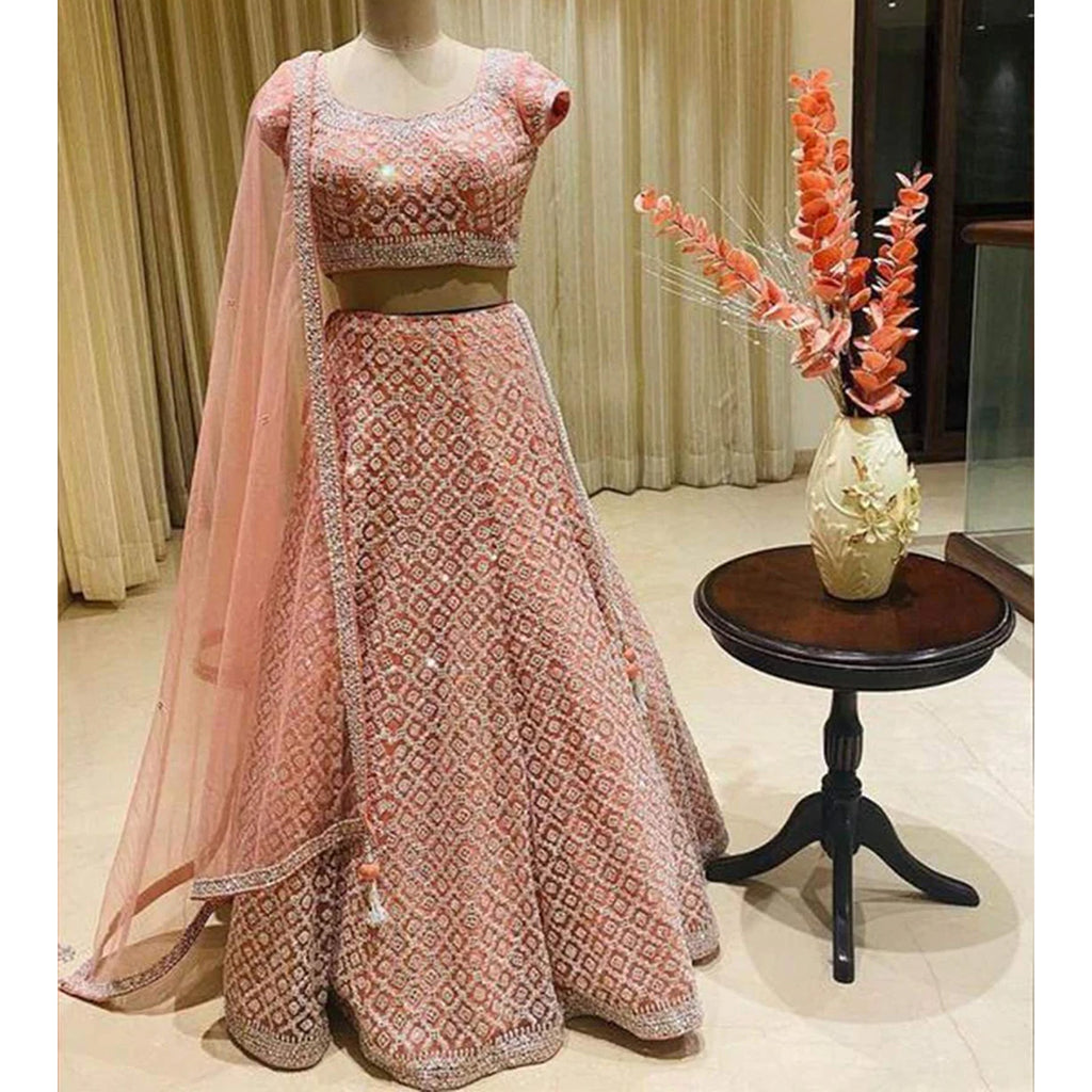 Peach Color Faux Georgette Lehenga Choli with Heavy Sequence Work ClothsVilla