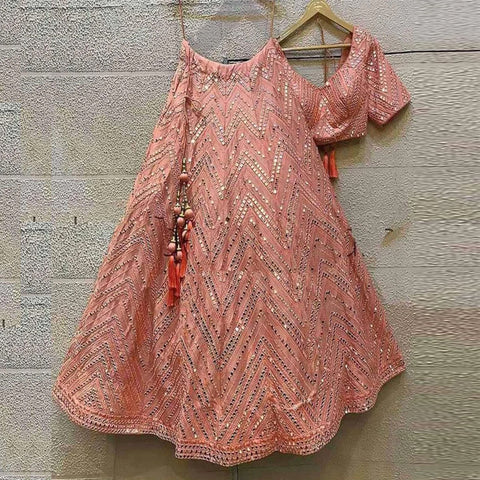 Peach Color Mirror Lehenga Choli with Embroidery and Mirror Work ClothsVilla Main image