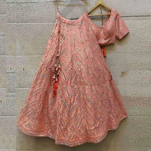 Peach Color Mirror Lehenga Choli with Embroidery and Mirror Work ClothsVilla