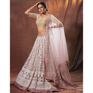Peach Color Soft Net Lehenga with Thread and Zari Work ClothsVilla