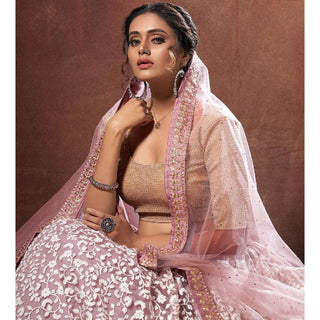 Peach Color Soft Net Lehenga with Thread and Zari Work ClothsVilla