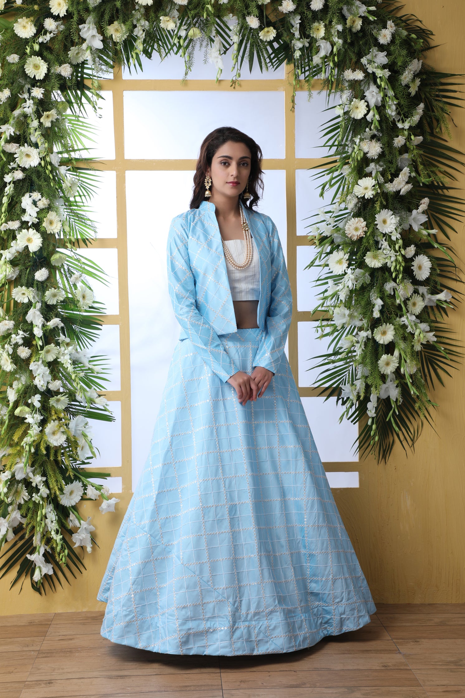 Sky Blue Embroidered Georgette Semi Stitched Lehenga ClothsVilla