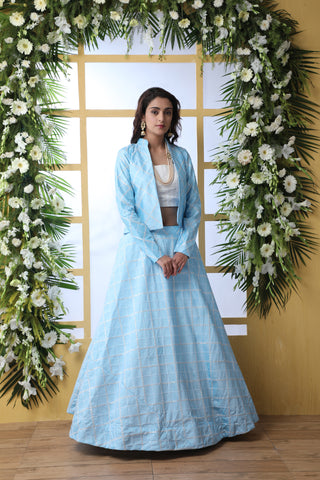 Sky Blue Embroidered Georgette Semi Stitched Lehenga ClothsVilla