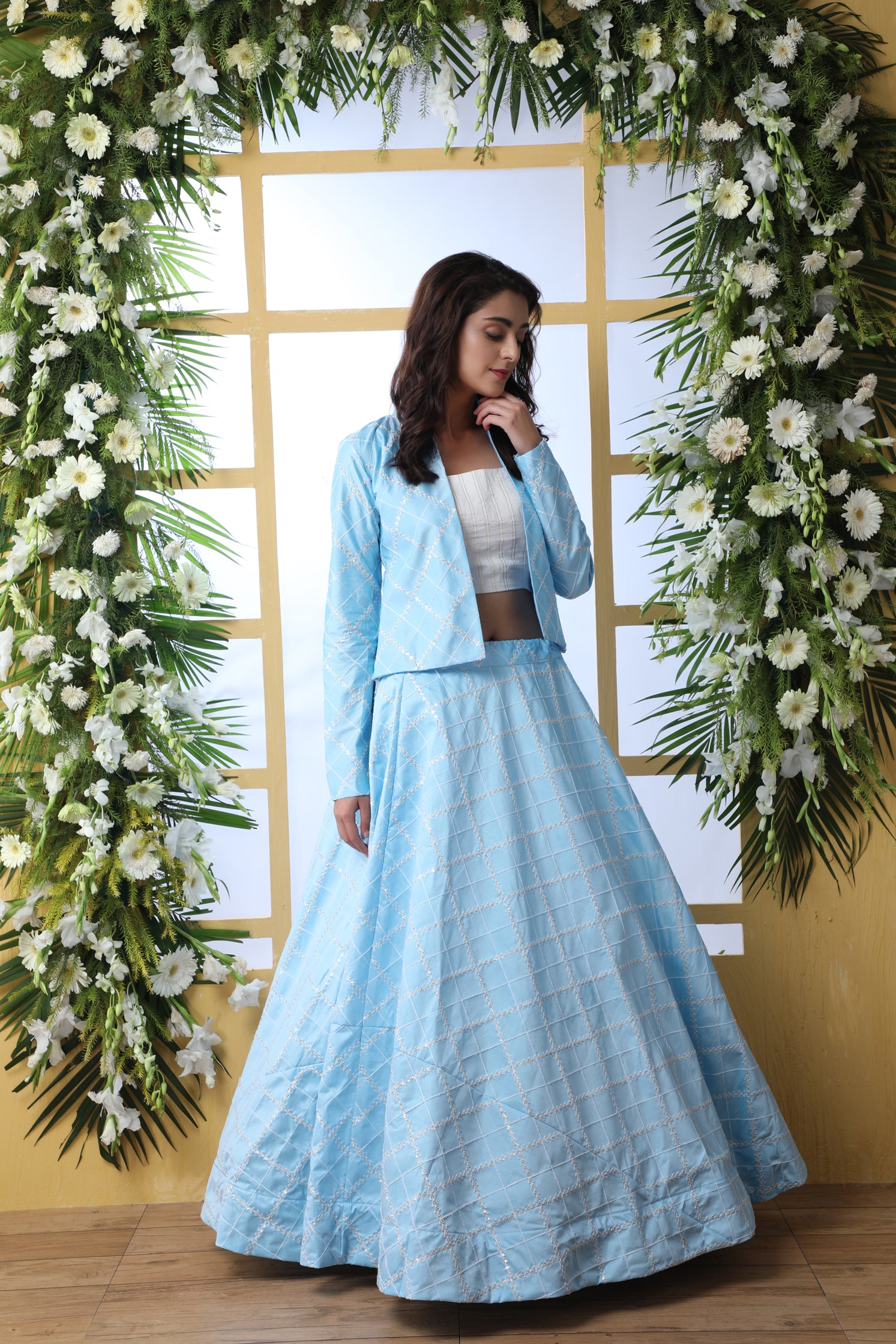 Sky Blue Embroidered Georgette Semi Stitched Lehenga ClothsVilla