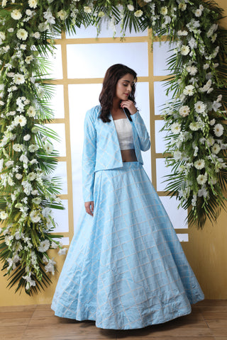 Sky Blue Embroidered Georgette Semi Stitched Lehenga ClothsVilla