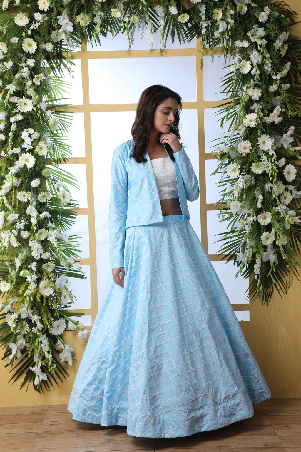 Sky Blue Embroidered Georgette Semi Stitched Lehenga ClothsVilla