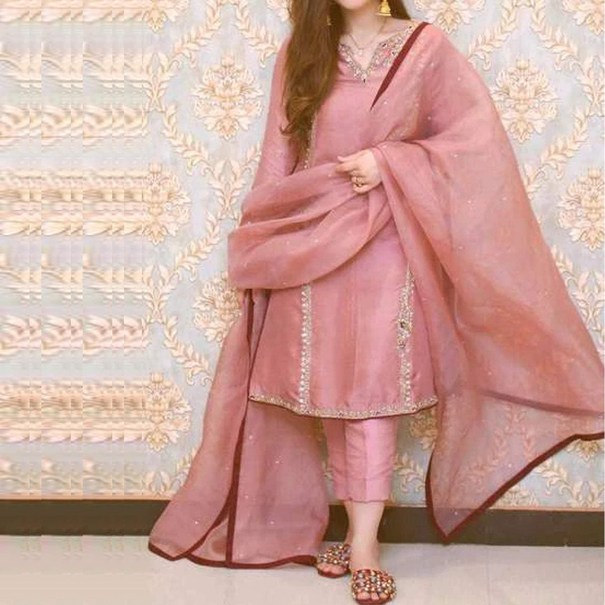 Peach Cotton suit with Heavy Embroidery work ClothsVilla