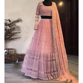 Peach Lehenga Choli in Net with Heavy Thread Embroidery Work ClothsVilla