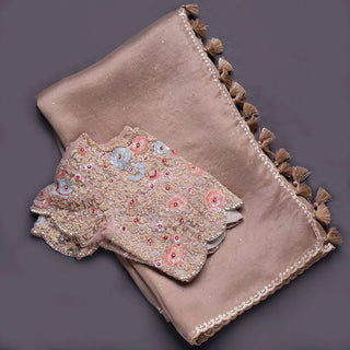 Peach Organza Saree with Heavy Embroidery work and Unstitched Blouse ClothsVilla
