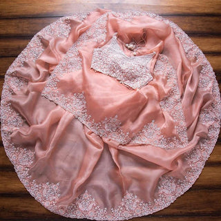 Peach Organza Silk Saree with Sequins and Thread Work ClothsVilla