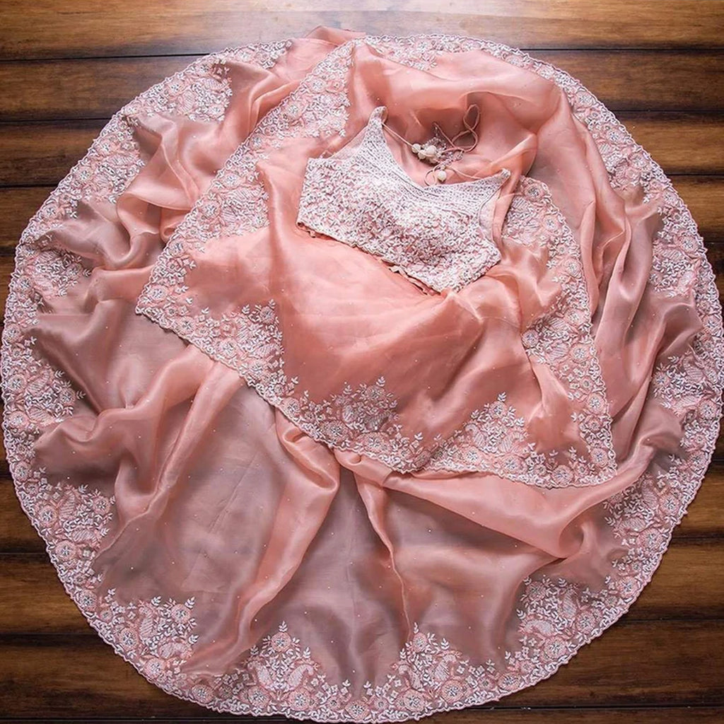 Peach Organza Silk Saree with Sequins and Thread Work ClothsVilla