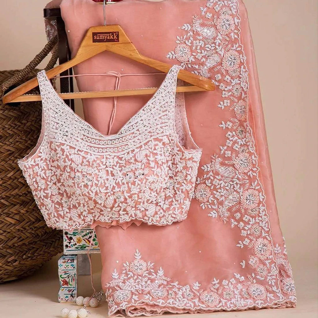 Peach Organza Silk Saree with Sequins and Thread Work ClothsVilla