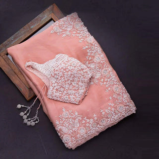Peach Organza Silk Saree with Sequins and Thread Work ClothsVilla
