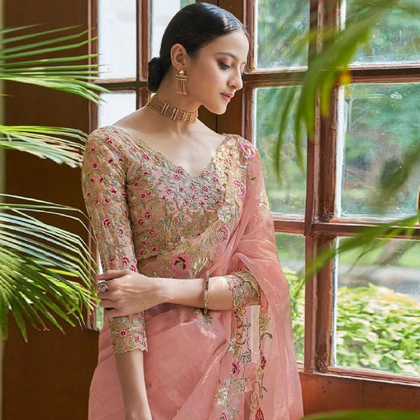 Peach Organza Silk Saree with Sequins, Zari and Thread Embroidery ClothsVilla