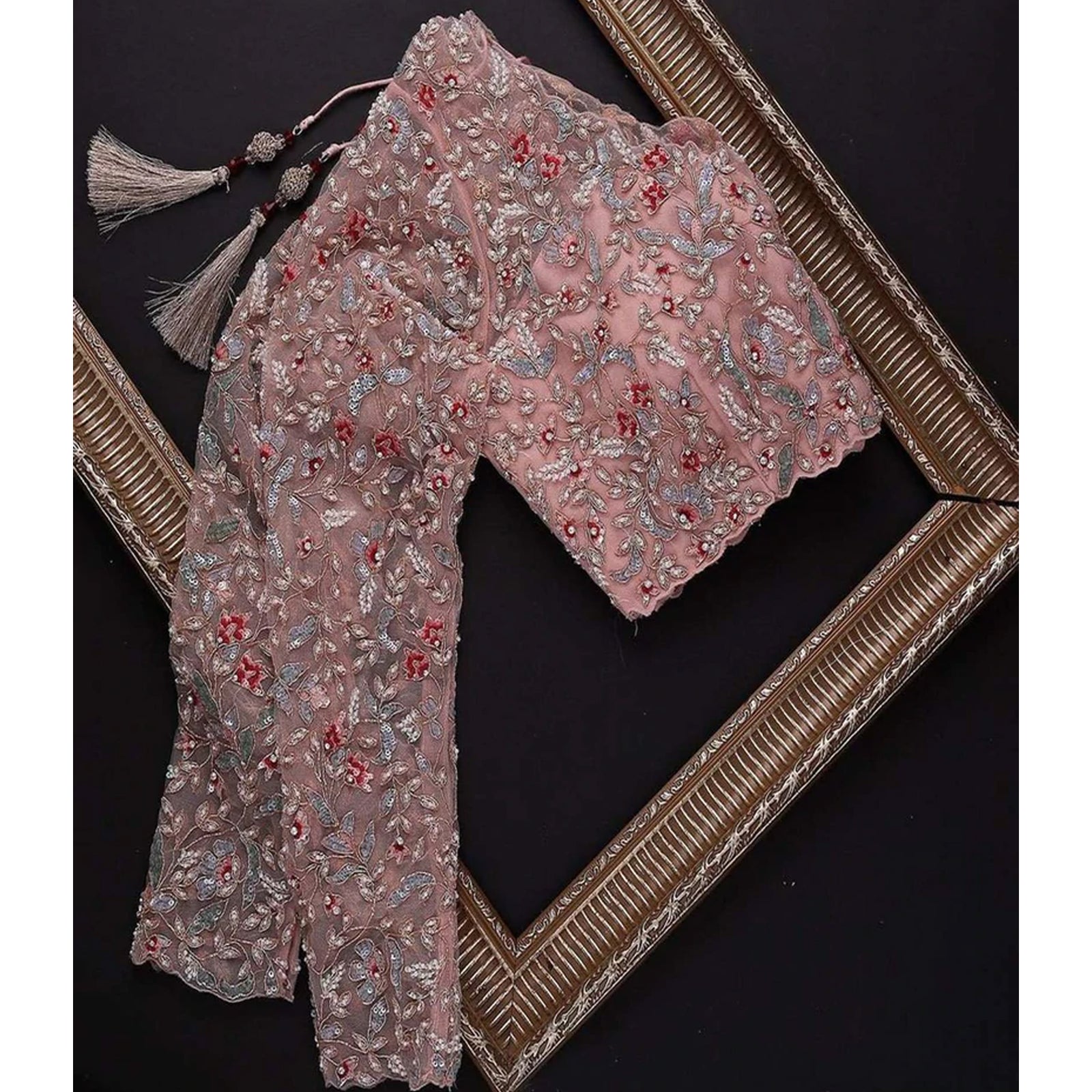 Peach Organza Silk Saree with Sequins, Zari and Thread Embroidery ClothsVilla