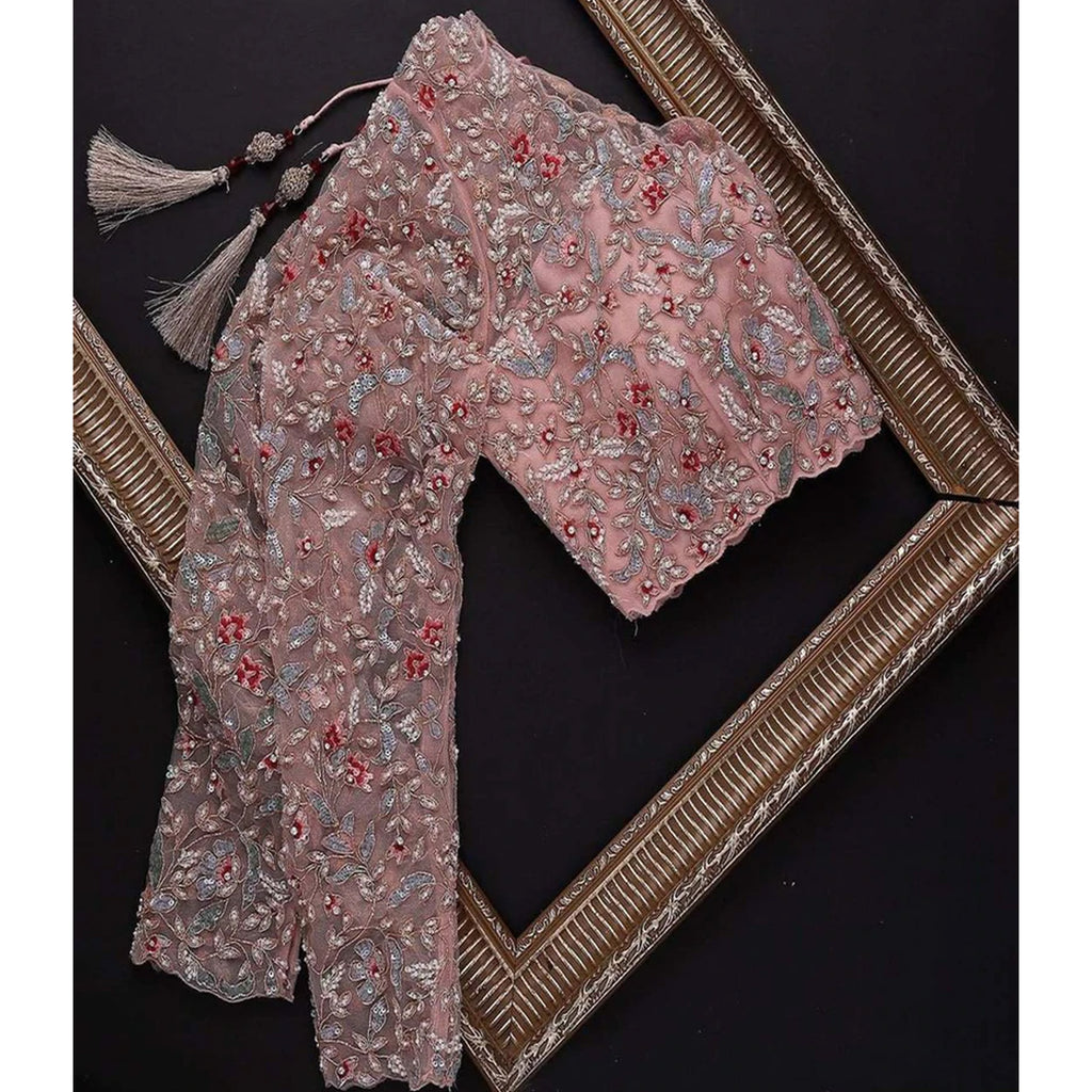 Peach Organza Silk Saree with Sequins, Zari and Thread Embroidery ClothsVilla