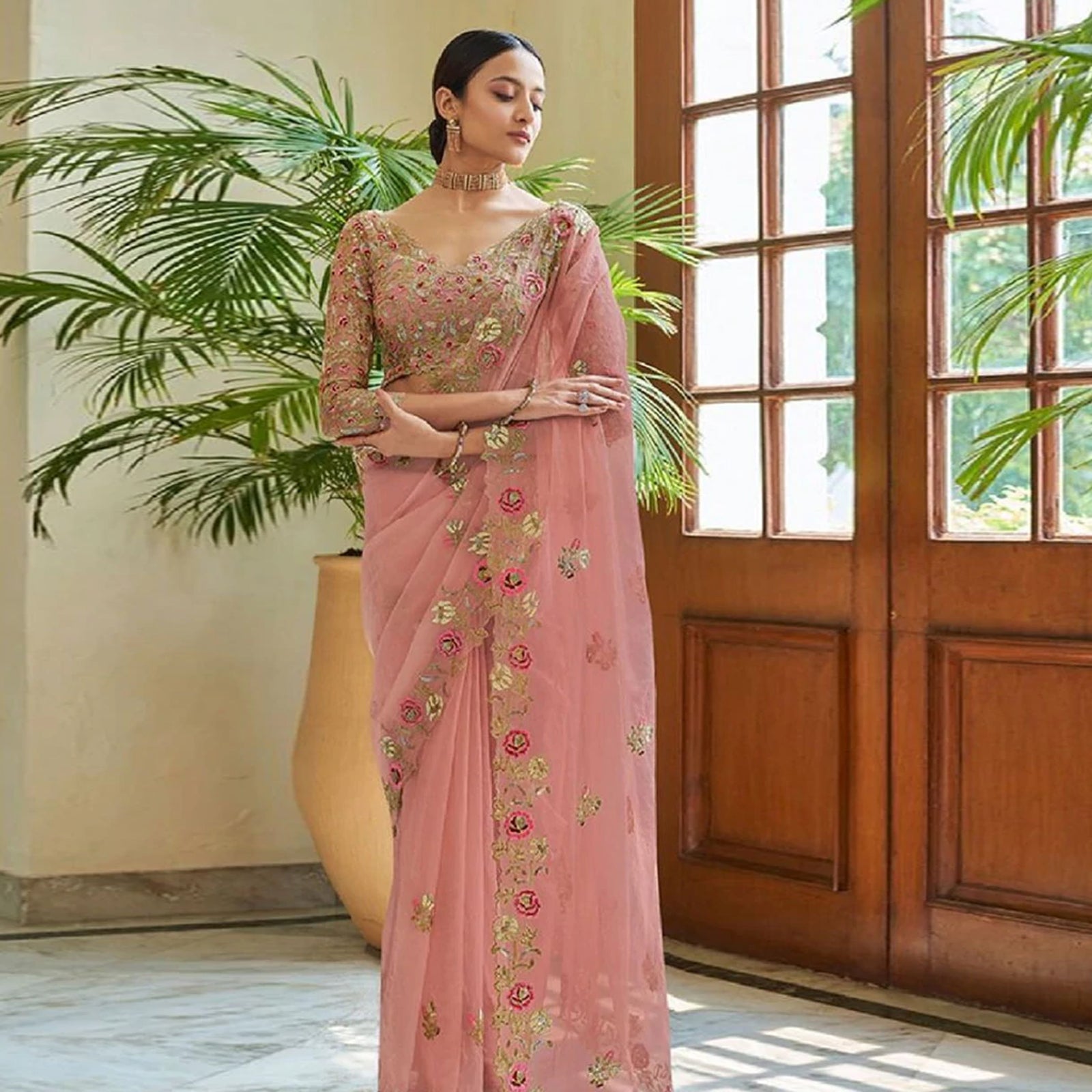 Peach Organza Silk Saree with Sequins, Zari and Thread Embroidery ClothsVilla