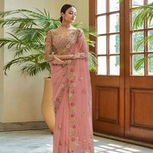 Load image into Gallery viewer, Peach Organza Silk Saree with Sequins, Zari and Thread Embroidery ClothsVilla