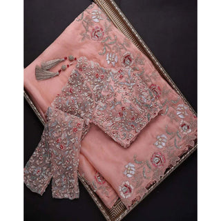Peach Organza Silk Saree with Sequins, Zari and Thread Embroidery ClothsVilla
