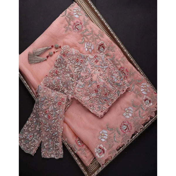 Peach Organza Silk Saree with Sequins, Zari and Thread Embroidery ClothsVilla