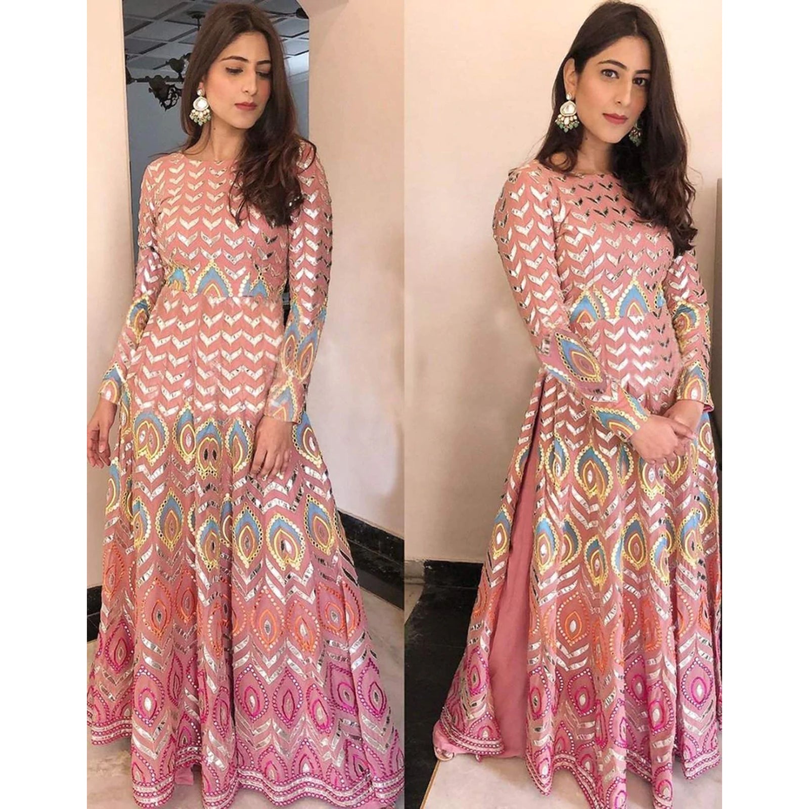 Peach Salwar Suit in Georgette with Resham, Zari, and Mirror Work ClothsVilla