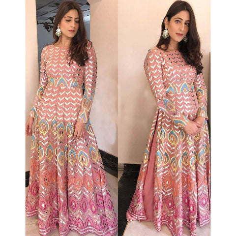 Peach Salwar Suit in Georgette with Resham, Zari, and Mirror Work ClothsVilla Main image