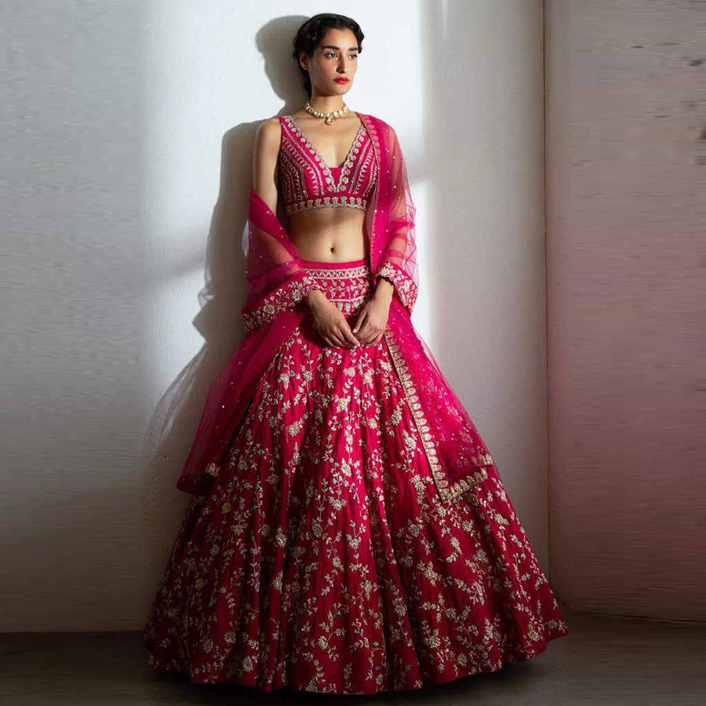 Pink Colored Faux Georgette Heavy Embroidery Lehenga Choli with Net Dupatta ClothsVilla