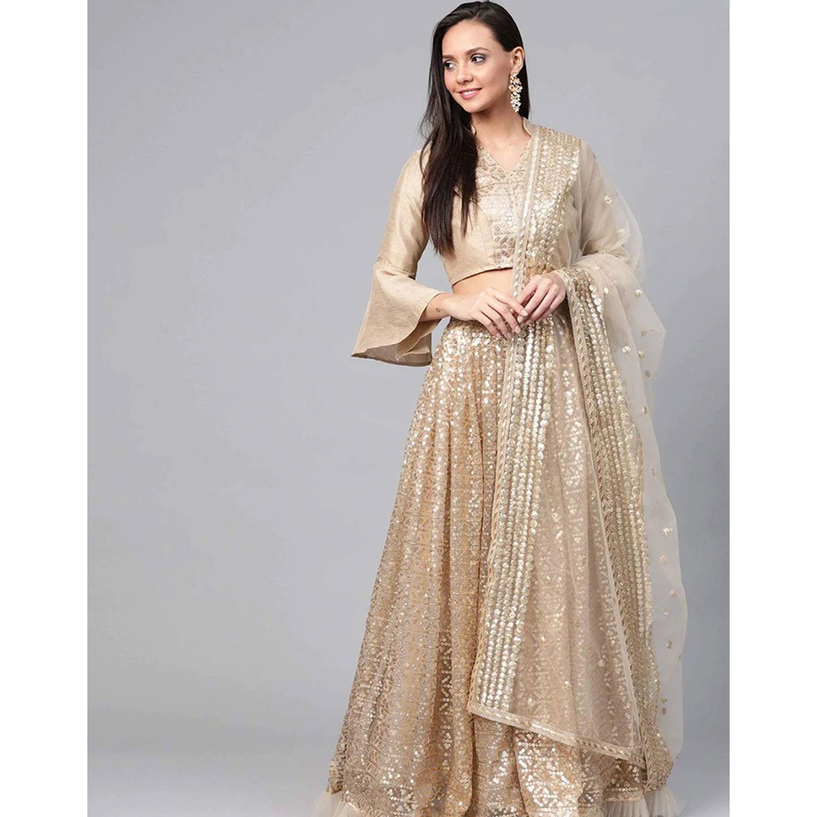 Beige color Net Lehenga with Heavy Embroidery, Zari and Thread work ClothsVilla