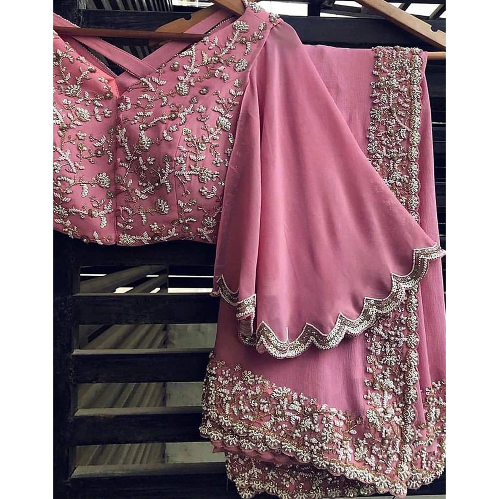 Pink Georgette Designer Saree with Resham Sequence and Pearl Work ClothsVilla